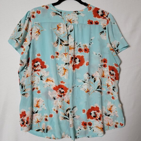 Fun2Fun Top Size 2XL Pull Over V Neck Short Sleeve Aqua Blue Floral - Picture 2 of 9